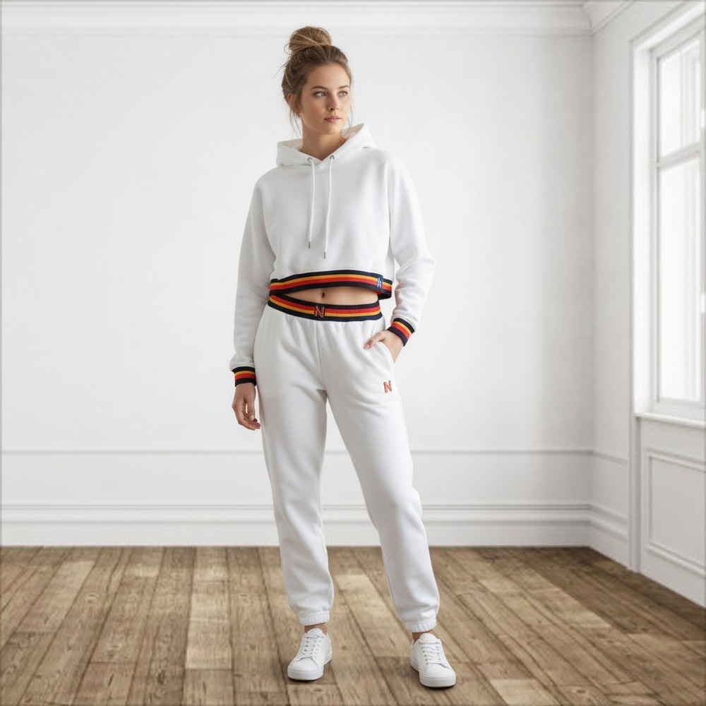 Aviator Nation White Rainbow Stripe Cropped Hoodie & Jogger Sweatsuit Set M/L